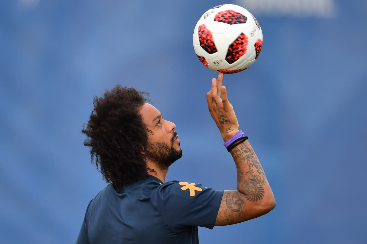 Brazil's defender Marcelo takes part in a training session at the Yug Sport Stadium in Sochi, on July 3, 2018, ahead of the Russia 2018 World Cup quarter-final football match between Brazil and Belgium on July 6. (Photo by NELSON ALMEIDA / AFP) (Photo credit should read NELSON ALMEIDA/AFP/Getty Images)