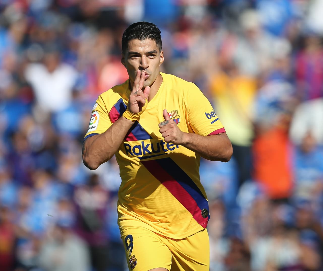 Luis Suarez of FC Barcelona celebrates his goal during the Liga match between Getafe FC and FC Barcelona at Coliseum Alfonso Perez on September 28, 2019 in Getafe, Spain.