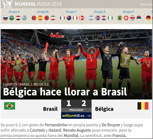 El diario deportivo 
<i>AS</i>, de España, con dureza pero con congruencia, aludiendo a la eliminación de Brasil a manos de la selección de Bélgica.