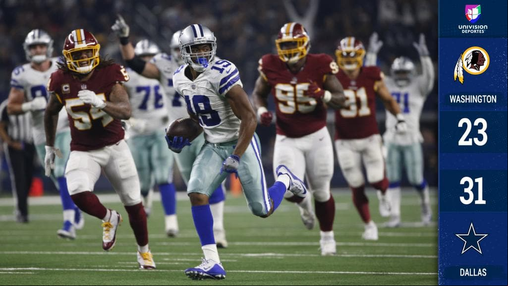 <b>Washington 23-31 Dallas</b>. Ezekiel Elliott lleva en sus hombros a Dallas (121 yardas, un touchdown), además de 180 yardas en recepciones de Amari Cooper. Igualan a Redskins en la cima de Este de la NFC.